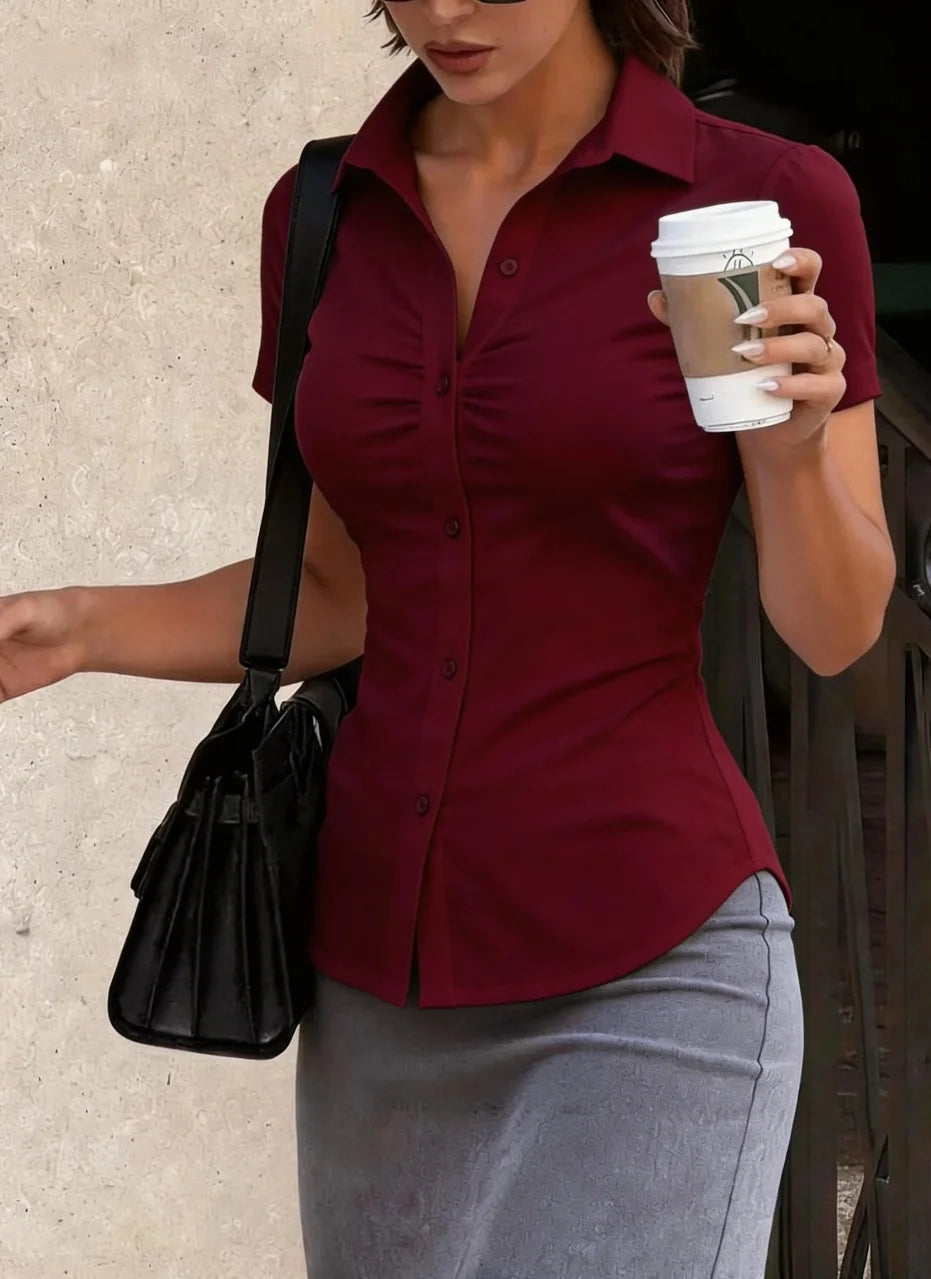 Women's Chic Ruched Sleeve Fitted Button-Down Collared Blouse