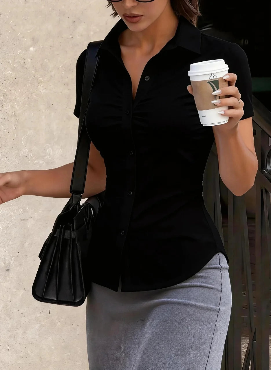 Women's Chic Ruched Sleeve Fitted Button-Down Collared Blouse